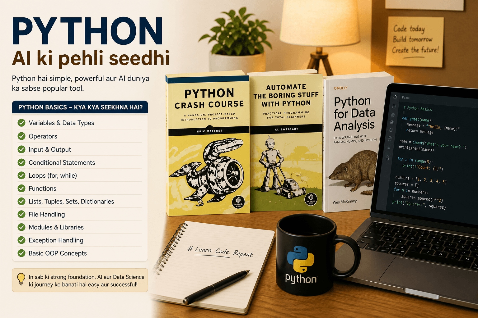 Python basics for AI career — W3Schools, books, and core topics checklist