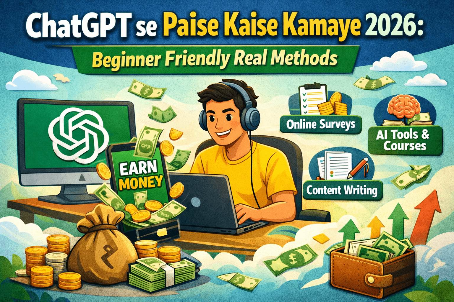 Laptop screen showing AI work and digital income ideas