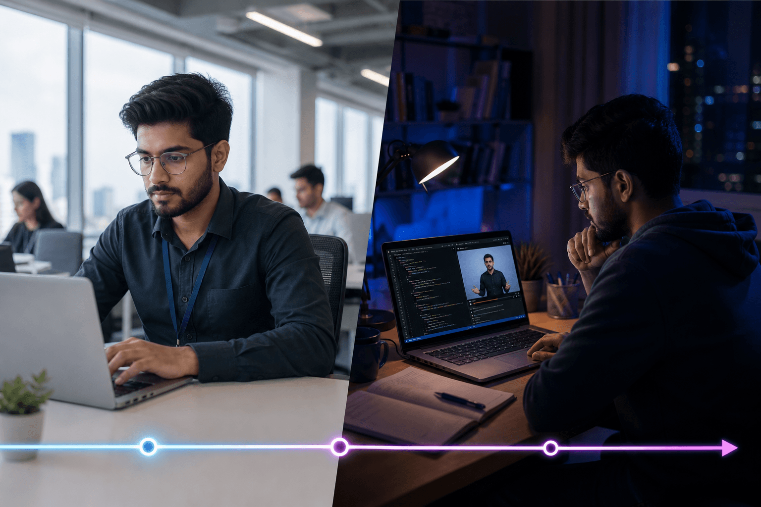 Job ke baad roz 2-3 ghante skill learning — testing, Python, web dev, AI basics
